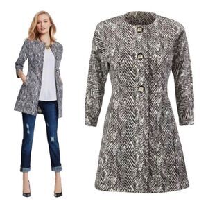 CAbi Zig‎ Zag Ponte Knit Jacket Pockets Button Up Women Large White Gray 3034